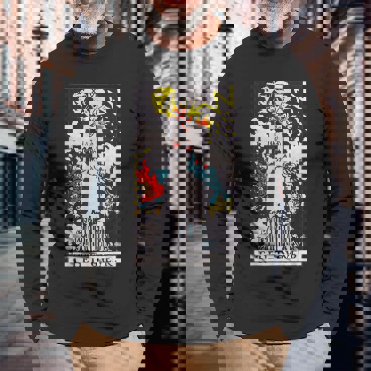 オリジナルのrider Waite Deckからのタワービンテージタロットカード 長袖Tシャツ 高齢者への贈り物