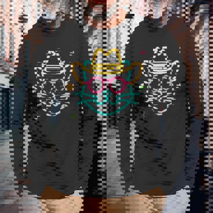 カウボーイ 猫 顔 ラウンド サングラス ウェスタン グラフィック ピンク アニマル 長袖Tシャツ 高齢者への贈り物