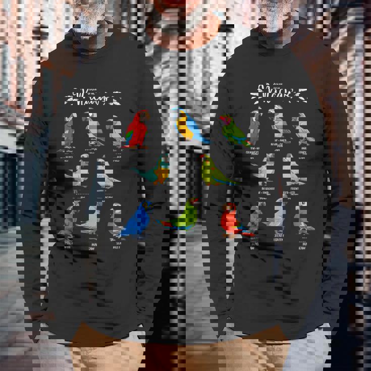 カラフルな8種のインコ コンゴウインコ 長袖Tシャツ 高齢者への贈り物