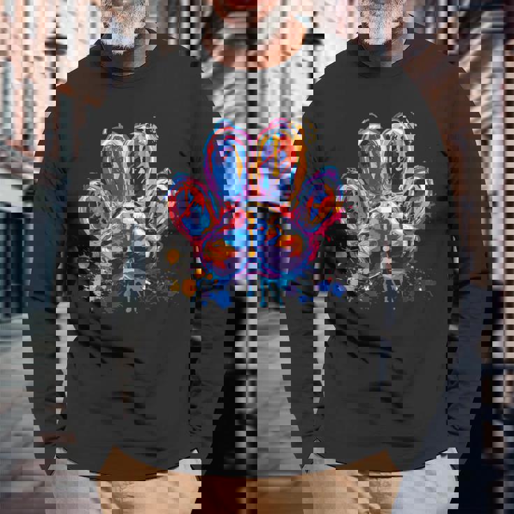 カラフルな動物の犬の足跡 長袖Tシャツ 高齢者への贈り物