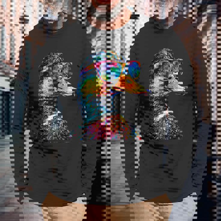 カラフルな虹色のアヒル マガモ ドレイク 小さなアヒル 長袖Tシャツ 高齢者への贈り物