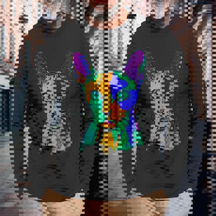 カラフルキャット 長袖Tシャツ 高齢者への贈り物