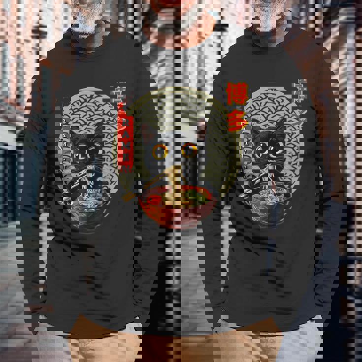 カワイイ猫とラーメン 博多 日本アニメヌードル文化 長袖Tシャツ 高齢者への贈り物