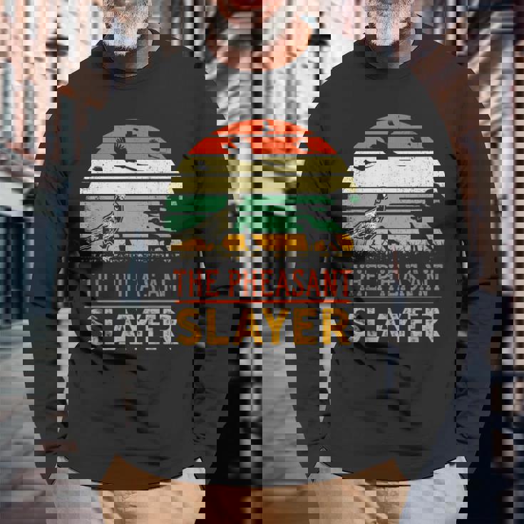 キジの鳥狩り 面白いスレイヤーハンターレトロヴィンテージ 長袖Tシャツ 高齢者への贈り物