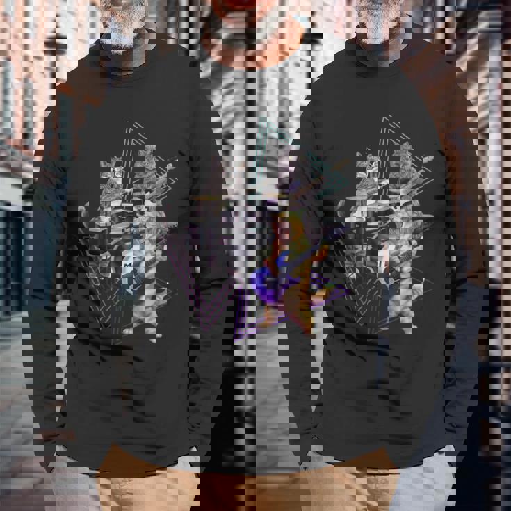 キャットバンド-ベース、ギター、ドラムセットのロックキティ 長袖Tシャツ 高齢者への贈り物