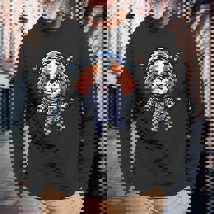 キャバリアキング チャールズ・スパニエル 宇宙飛行士 ファニードッグ 宇宙服 長袖Tシャツ 高齢者への贈り物