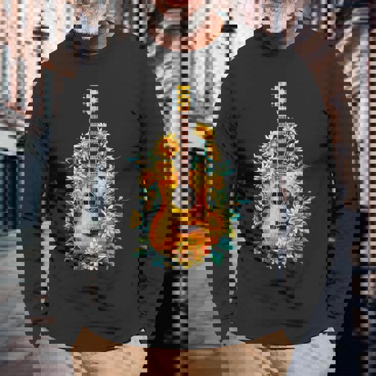 ギター 面白tシャツ おもしろ ギタリスト 服 音楽 メンズ キッズ ネタ 服 オリジナル 軽音 ひまわり 長袖Tシャツ 高齢者への贈り物