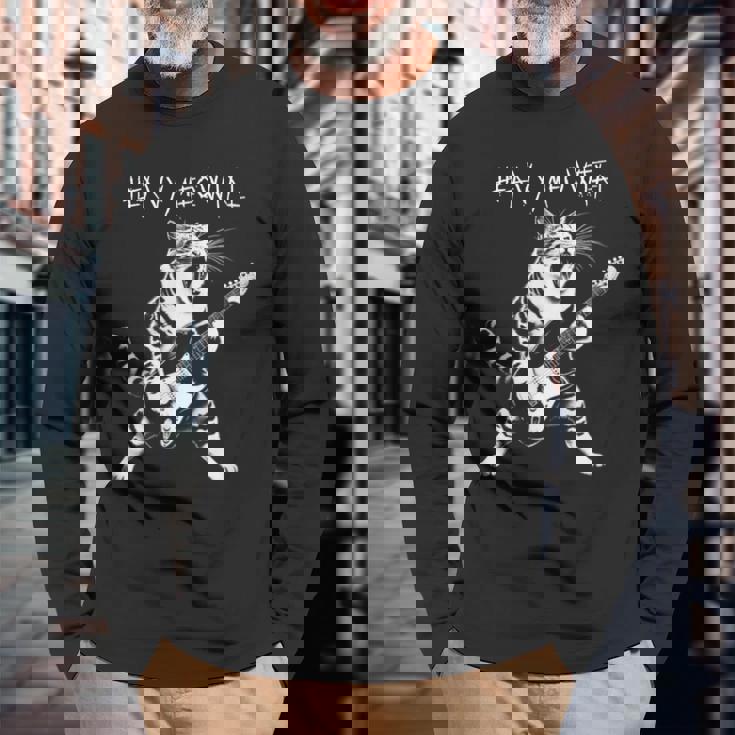 ギターを弾くクールな猫、ヘビーな「Meowtal」メタルパンクロックファン。 長袖Tシャツ 高齢者への贈り物