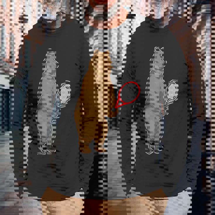 クマ テニス テニスラケット スポーツ 長袖Tシャツ 高齢者への贈り物