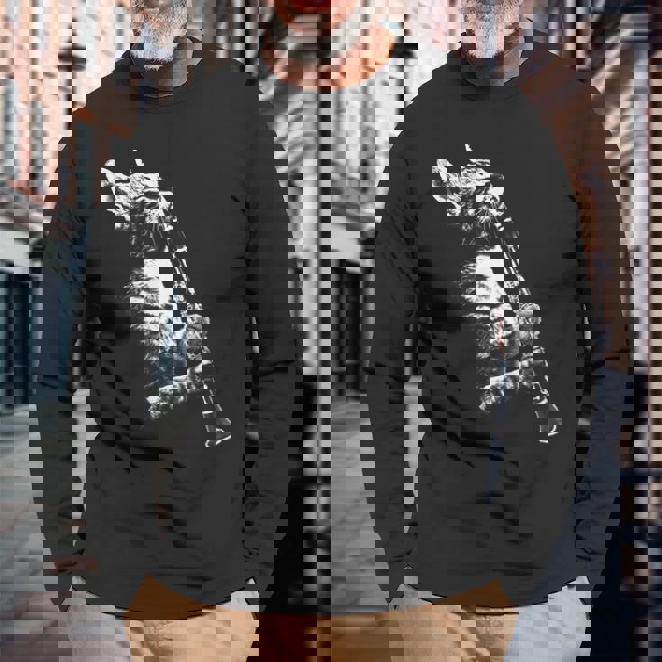 クラリネットを弾く猫 面白い猫ミュージシャン クラリネット教師 長袖Tシャツ 高齢者への贈り物