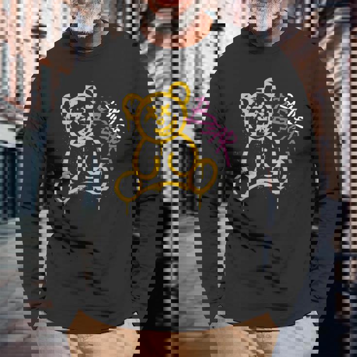 グラフィティベア グラフィティ テディベア 笑うクマ スマイルベア 長袖Tシャツ 高齢者への贈り物