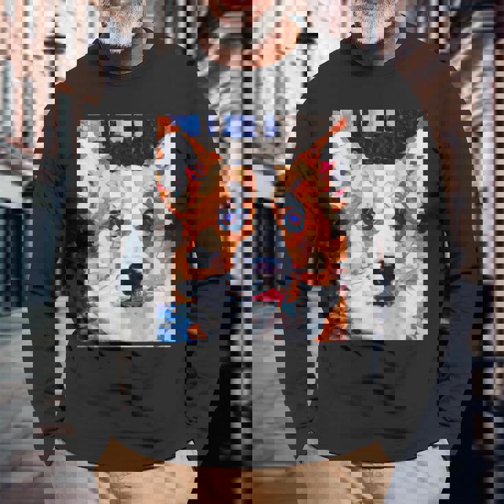 コーギー・ポートレート キュビズム・アート 長袖Tシャツ 高齢者への贈り物