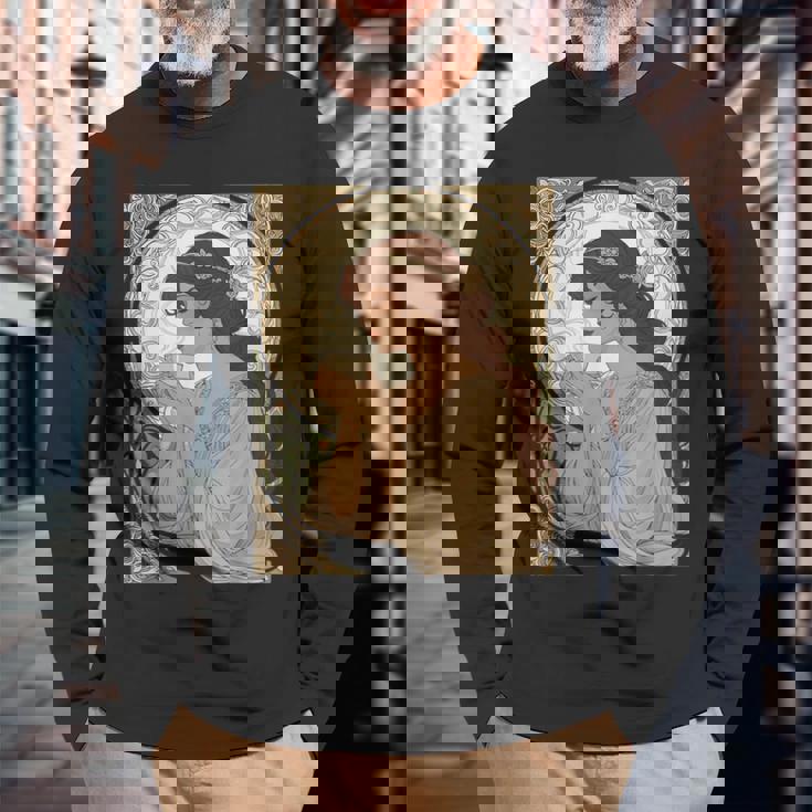 コーヒー好きのミュシャ風のアールヌーボー 長袖Tシャツ 高齢者への贈り物