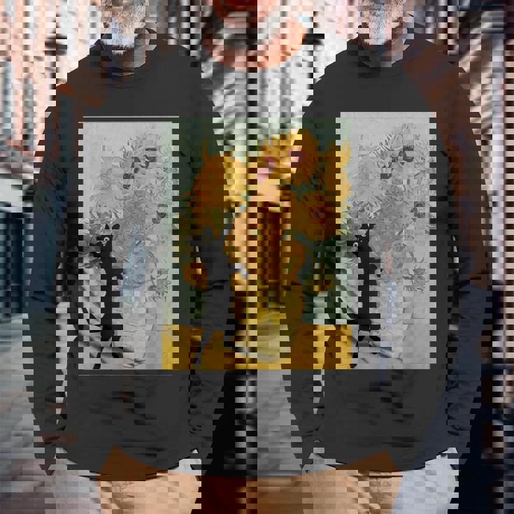 ゴッホ ひまわり 面白い 猫 アート 絵画 長袖Tシャツ 高齢者への贈り物