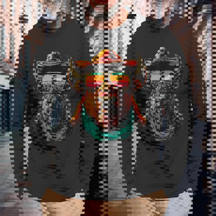 サングラス カラフル バイソン カウボーイ 動物 夕日 ウエスタン 長袖Tシャツ 高齢者への贈り物