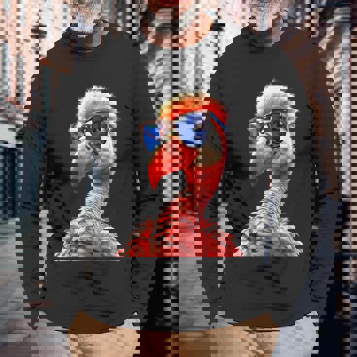 サングラスをかけたフラミンゴ フラミンゴが大好き かわいいフラミンゴ 長袖Tシャツ 高齢者への贈り物