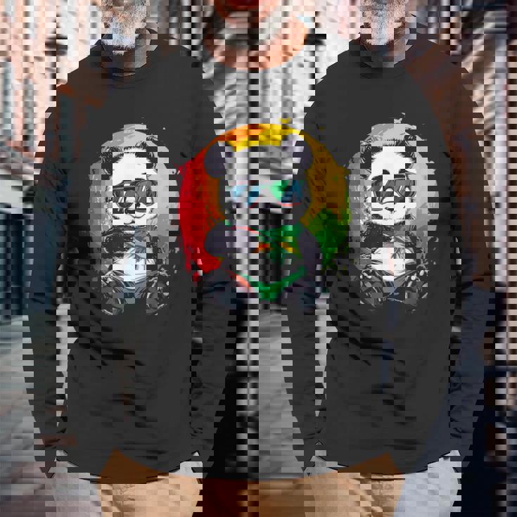 サングラス付きパンダ ラスタカラー 長袖Tシャツ 高齢者への贈り物