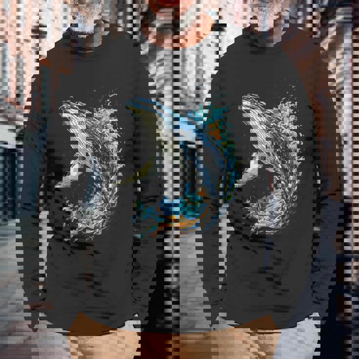 ザトウクジラ 動物 グラフィック イラスト ザトウクジラ 長袖Tシャツ 高齢者への贈り物