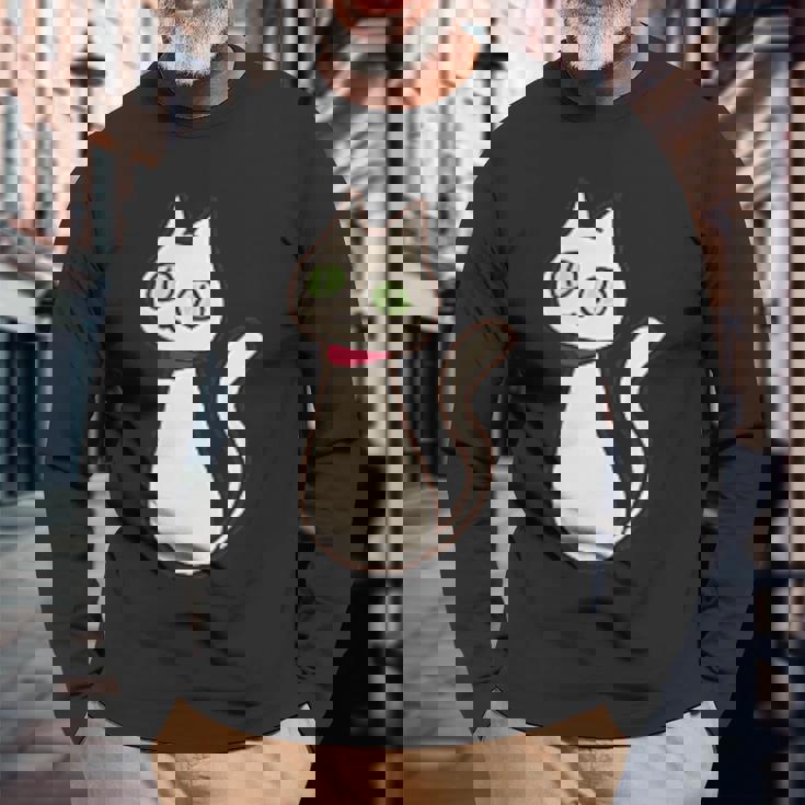 シロネコ 胸にワンポイント 落書き風 おもしろ 長袖Tシャツ 高齢者への贈り物