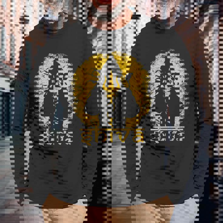 シヴァ 神聖なトライデントデザイン 男性用 ヒンズー教の神 シヴァ神 長袖Tシャツ 高齢者への贈り物