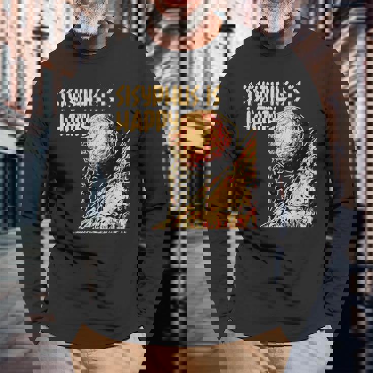 シーシュポス・イズ・ハッピー面白いギリシャ神話ミーム哲学 長袖Tシャツ 高齢者への贈り物