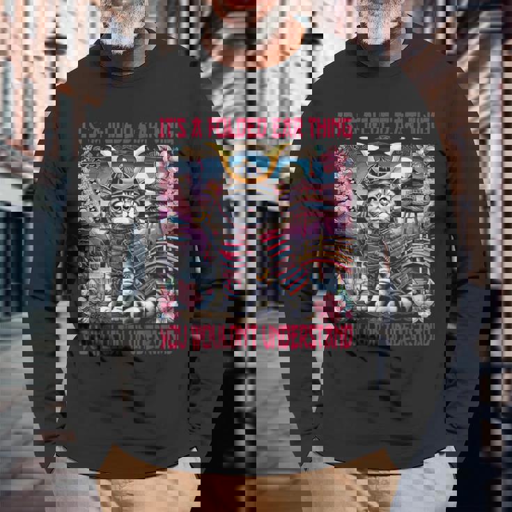 スコティッシュフォールド 耳 折れ 侍風景 長袖Tシャツ 高齢者への贈り物