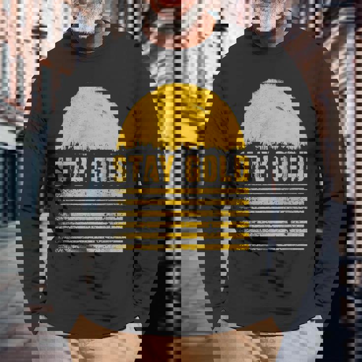 ステイゴールド 太陽 レトロ風 ストライプ 力強さ 長袖Tシャツ 高齢者への贈り物