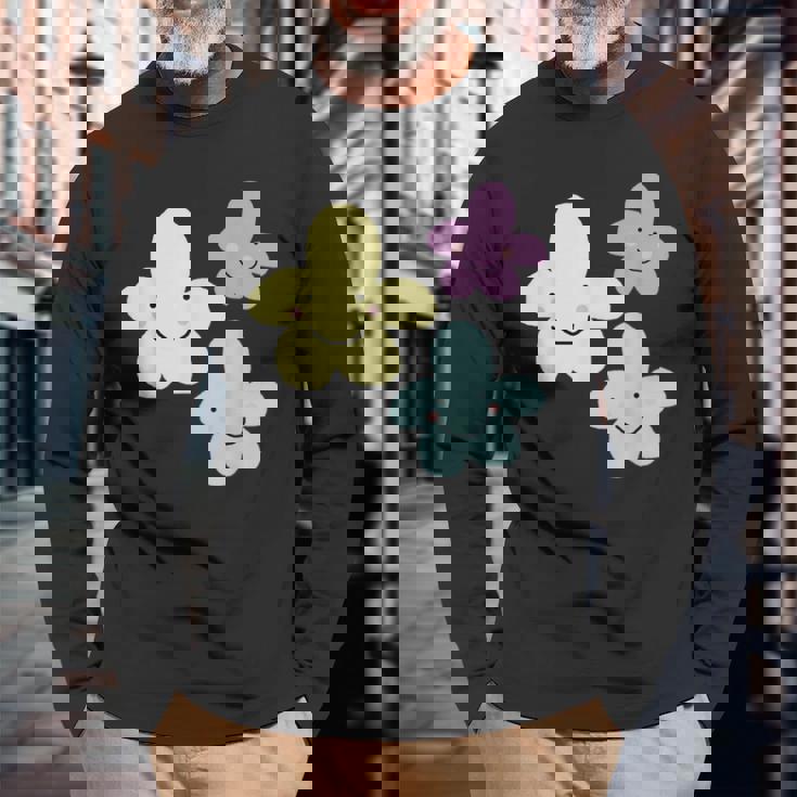 スマイリングフラワー イエロー ブルー パープル 楽しい春 長袖Tシャツ 高齢者への贈り物