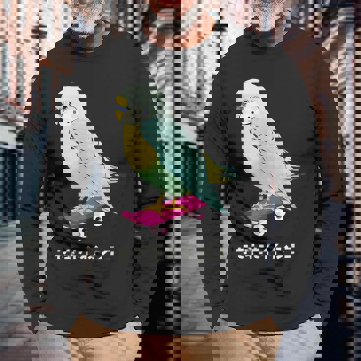 セキセイインコ インコ 鳥 スケートボード かわいい イラスト 手書き セキセイインコ好き 鳥好き おもしろ 長袖Tシャツ 高齢者への贈り物