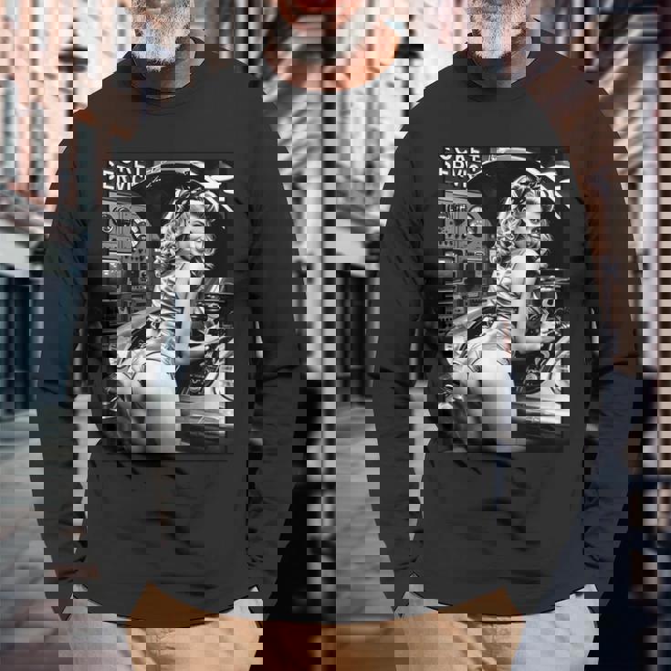 セクシーガールグラフィックtシャツ セクシーブロンドメカニックピンナップガールbw 長袖Tシャツ 高齢者への贈り物