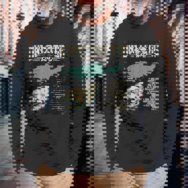 ダンクルオステウス Dunkleosteus Facts 古代魚 恐竜 海洋 生物 学習 図解 長袖Tシャツ 高齢者への贈り物