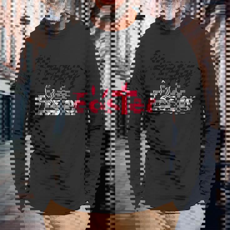 チェック柄ハッピーイースターバニー耳クロスかわいい宗教クリスチャン 長袖Tシャツ 高齢者への贈り物