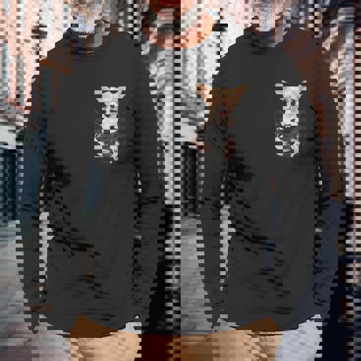 チワワ愛好家のためのあなたのポケットの中の面白いチワワ 長袖Tシャツ 高齢者への贈り物