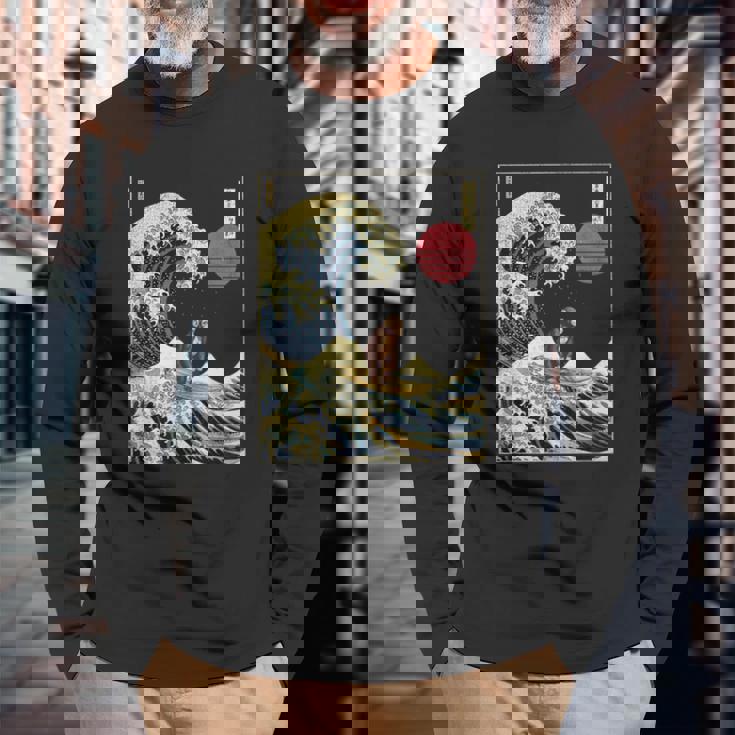 チンパンジー 神奈川波 おもしろサーフアニマル 長袖Tシャツ 高齢者への贈り物