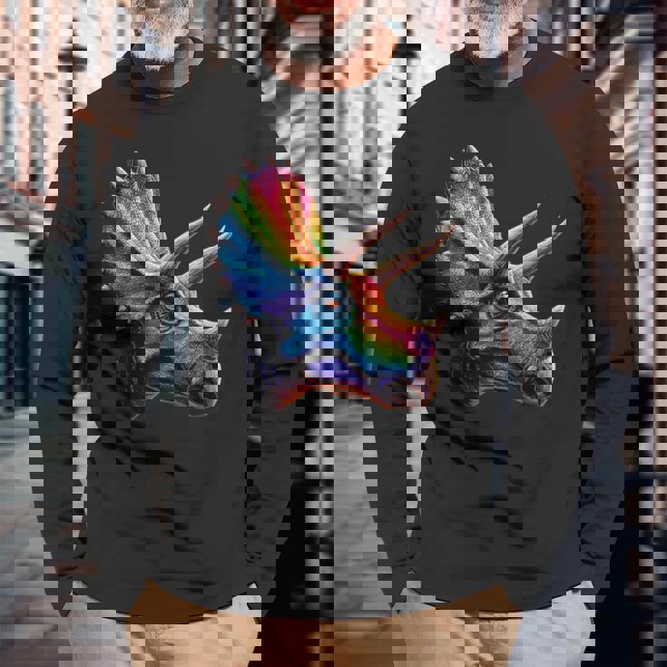 トリケラトプス 恐竜大好き かわいいトリケラトプス 長袖Tシャツ 高齢者への贈り物