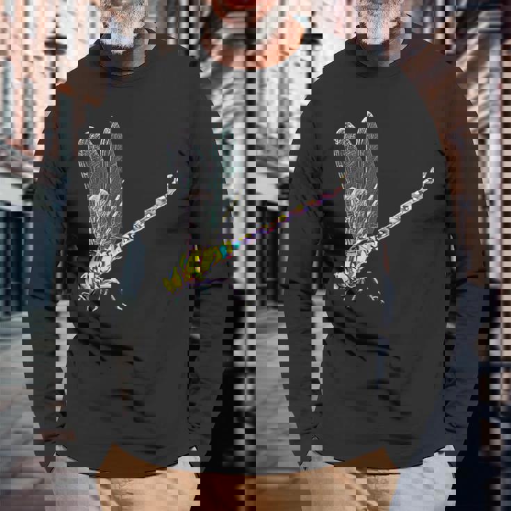 トンボ モチーフ 昆虫 カラフル 羽 虫 トンボ 長袖Tシャツ 高齢者への贈り物