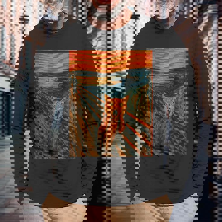 ニャンコの叫び 面白い 猫 ムンクの叫び パロディ おもしろ 服 おもしろグッズ ネタ 長袖tシャツ 長袖Tシャツ 高齢者への贈り物