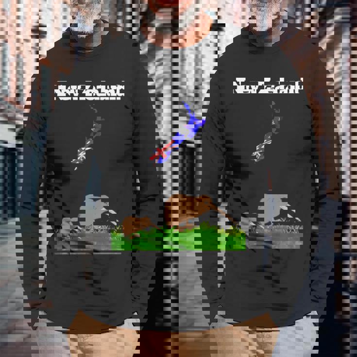 ニュージーランドのお土産キウイバードウォッチングニュージーランド地図 長袖tシャツ 長袖Tシャツ 高齢者への贈り物