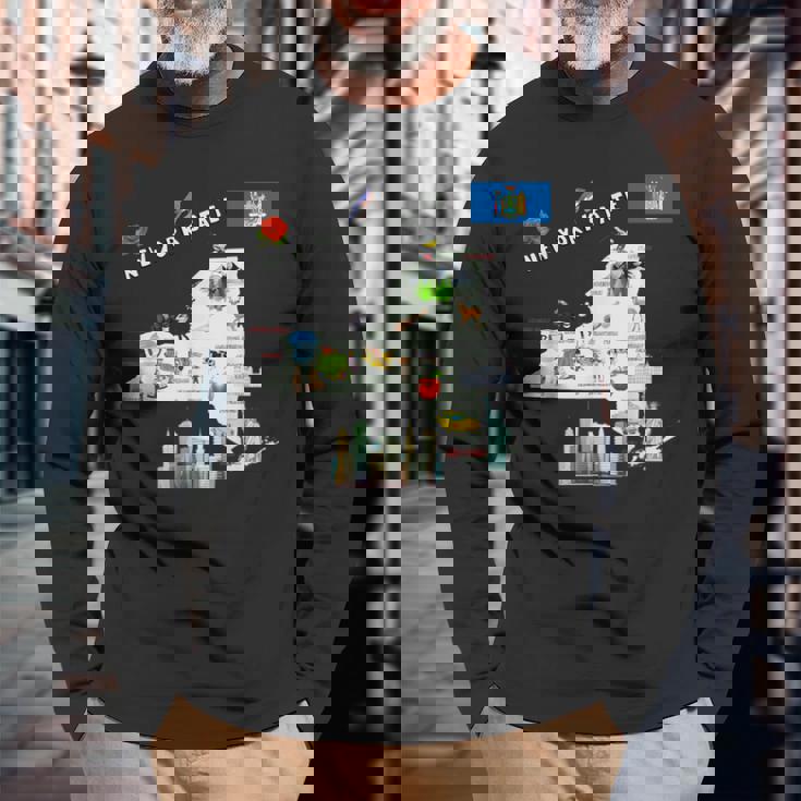 ニューヨーク州地図 観光地 都市 旗 長袖Tシャツ 高齢者への贈り物