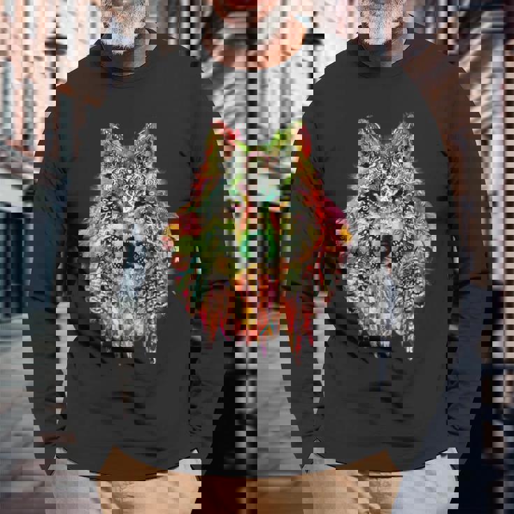 ネイティブアメリカンの羽 狼 星 プリティトレンディ 長袖Tシャツ 高齢者への贈り物