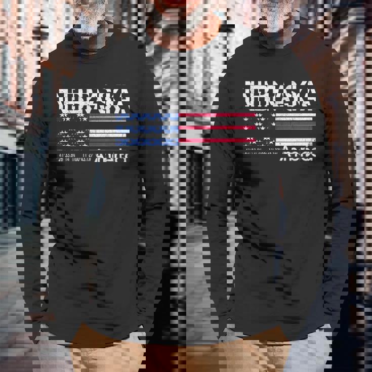 ネブラスカの座標 米国旗 長袖Tシャツ 高齢者への贈り物