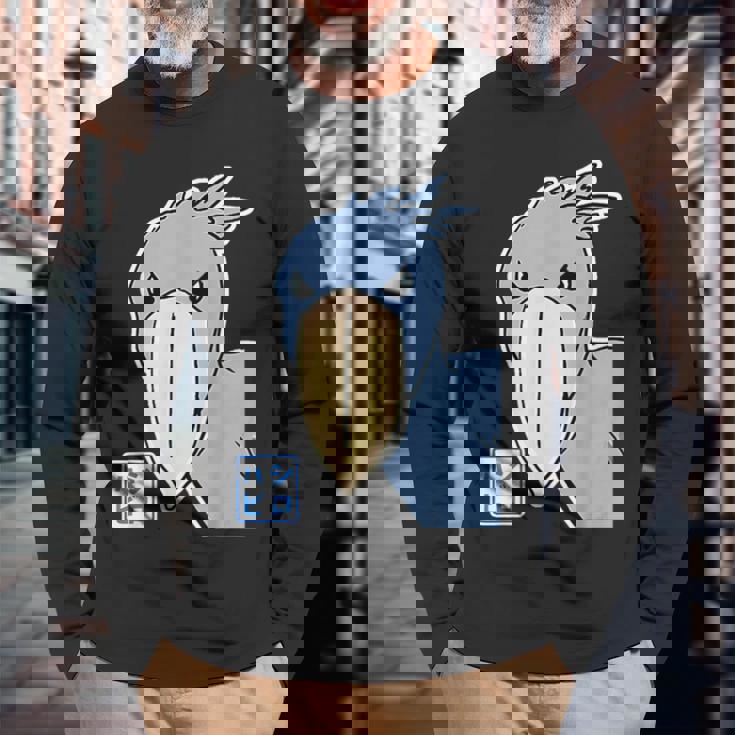 ハシビロコウさん『フル ビッグプリント』青い鳥【どうぶつフレンズ】ゆるくて かわいい 動物園の生き物 イラスト 長袖Tシャツ 高齢者への贈り物