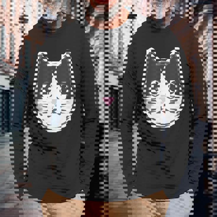 ハチワレ《ふぇいす》ねこ 猫【どうぶつフレンズ】シンプル 顔 ゆるくて かわいい 動物 イラスト 長袖Tシャツ 高齢者への贈り物