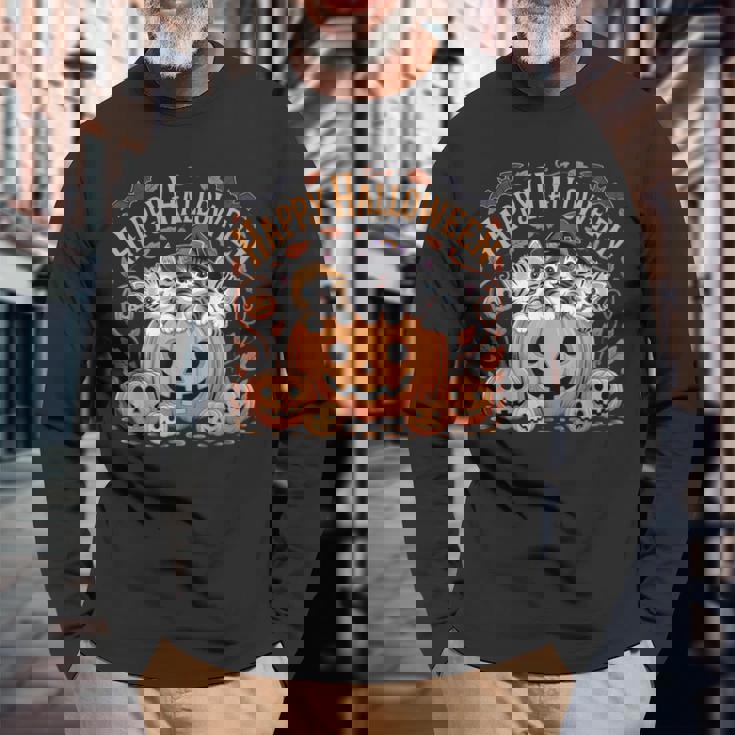 ハッピーハロウィン猫 パンプキン 魔女の帽子デザイン 長袖Tシャツ 高齢者への贈り物