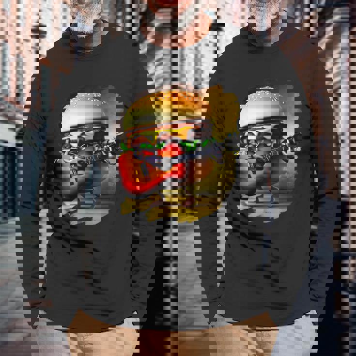 ハンバーガー 演奏 ギター ギタリスト ファニー ファーストフード ハンバーガー 長袖Tシャツ 高齢者への贈り物