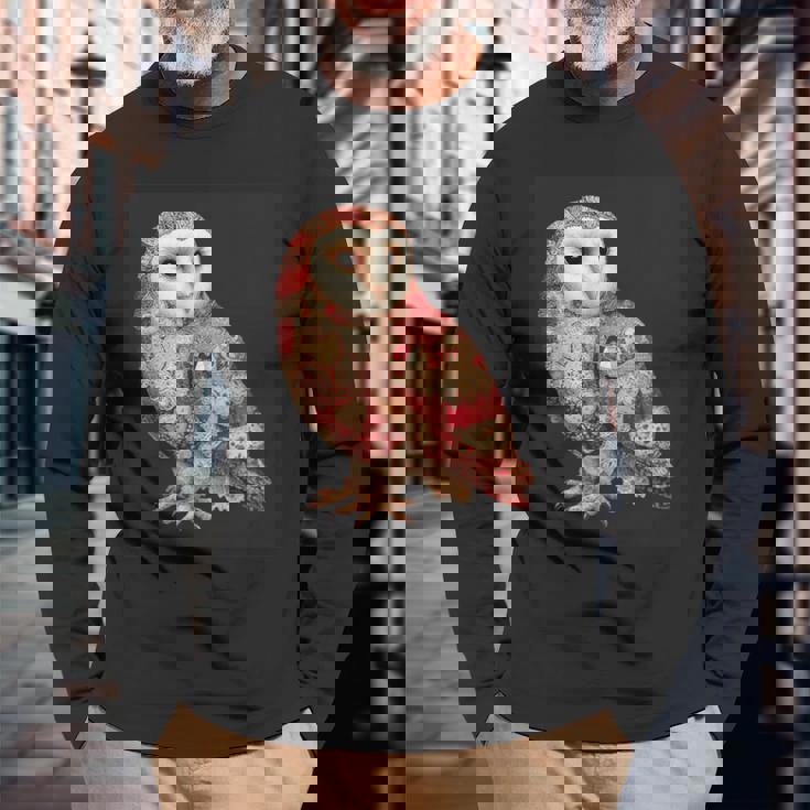 ハート柄の奇抜なパッチワークフクロウ 長袖Tシャツ 高齢者への贈り物