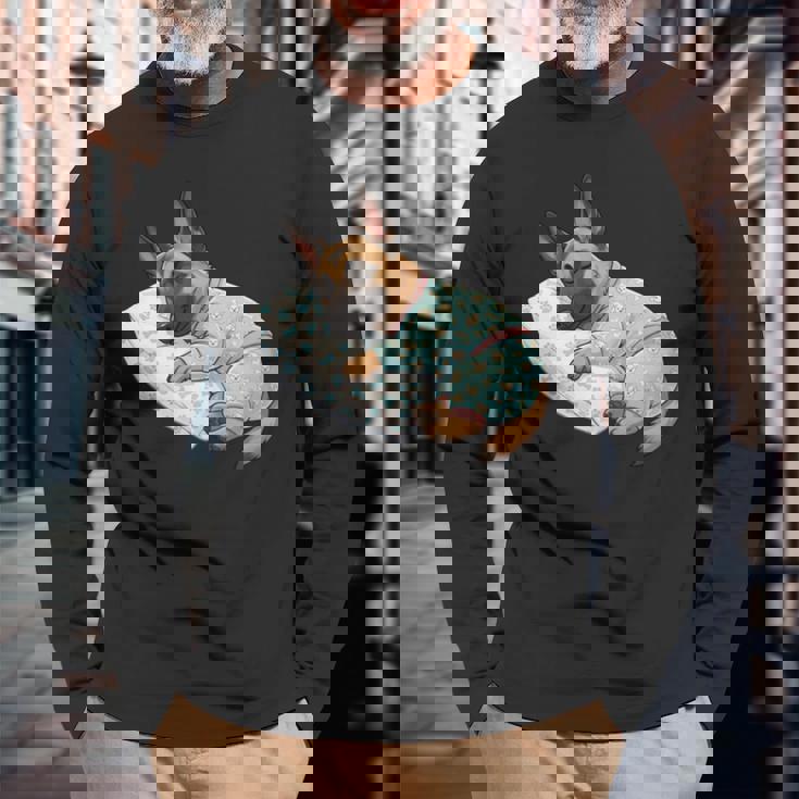 パジャマで寝ているかわいいベルギーのマリノア犬就寝アート 長袖tシャツ 長袖Tシャツ 高齢者への贈り物