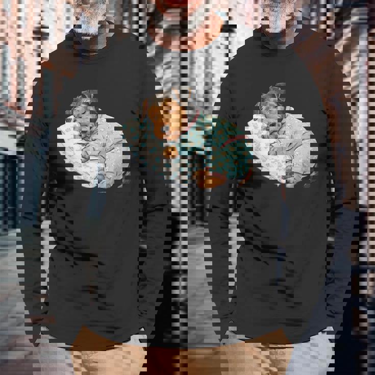 パジャマで寝ているかわいいボストンテリア犬就寝アート 長袖tシャツ 長袖Tシャツ 高齢者への贈り物