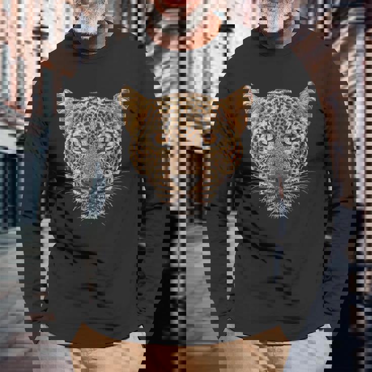 ヒョウの顔 大きな猫の頭 パンテラ パルダス 野生動物 キッズ 長袖Tシャツ 高齢者への贈り物