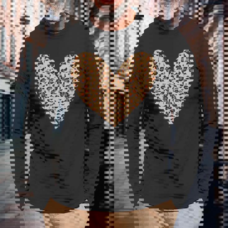 ヒョウ柄のハート／チーター柄のデザイン 長袖Tシャツ 高齢者への贈り物